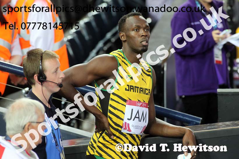 Usain Bold (Jamaica) after running in the 4 x 100 metres heats at the Commonwealth Games, Glasgow. Photo: David T. Hewitson/Sports for All Pics